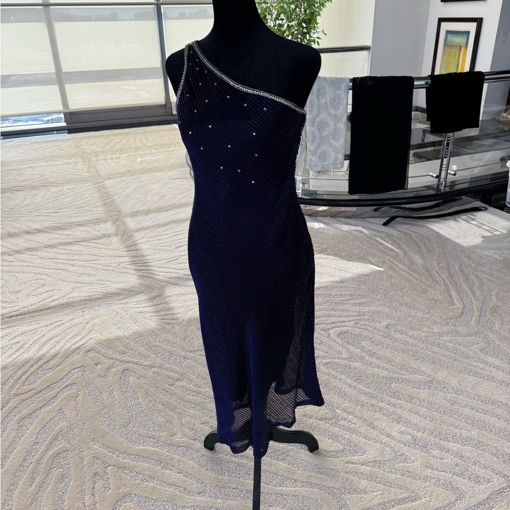 Vintage Tracy Mills One-Shoulder Dress in Deep Blue & Silver Hand Beaded - Picture 2 of 5